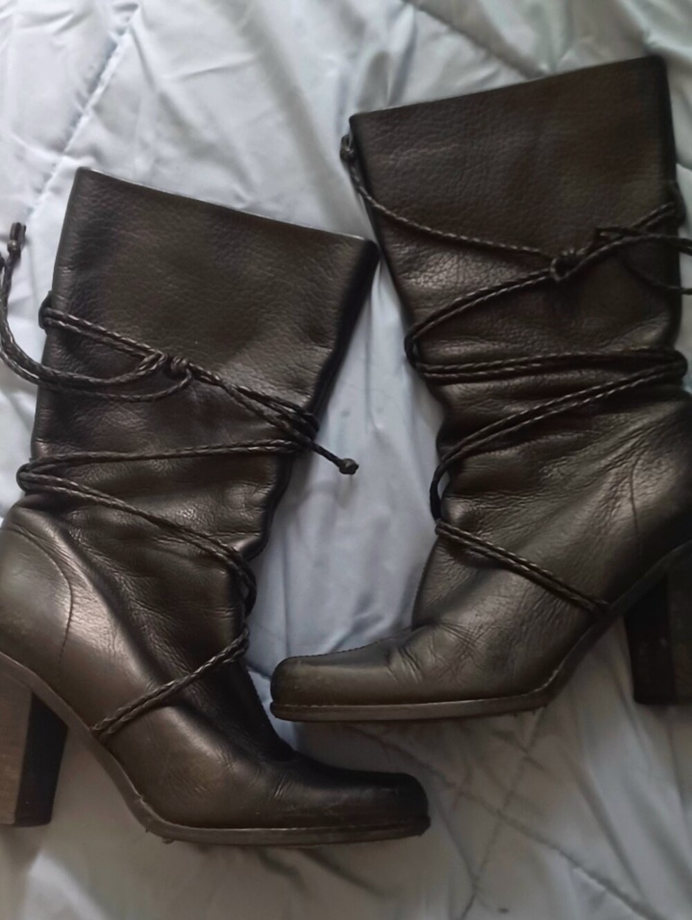 Kennith Cole Reaction Trippin NYC Black Leather Mid-Calf Wrap Lace Heeled Boots